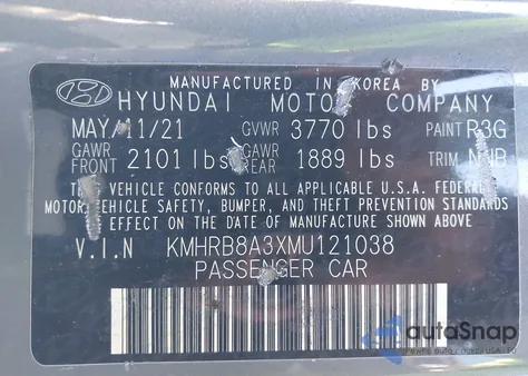 2021 Hyundai Venue Se z USA, uszkodzony, nr VIN KMHRB8A3XMU121038